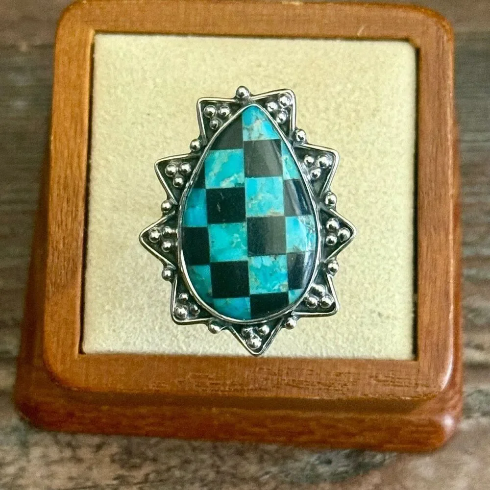 Trendy Southwest Aurora Opal And Onyx Checkerboard Sterling Silver Boho Ring